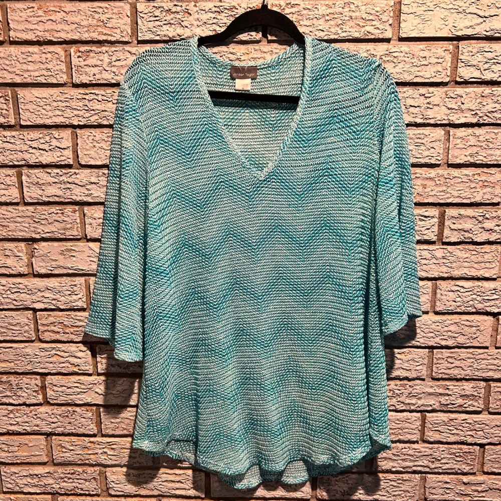 Jordan Taylor Womens Teal Chevron Knit V-Neck Tunic Top SHP14028 Size M